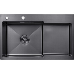 Кухонна мийка Kroner KRP Schwarze 7848LHM PVD (Schwarze-7848LHM, 78x48 см, 3.0/1.0 мм, з колландером та сифоном), Доступні розміри: 78 x 48 L, фото 