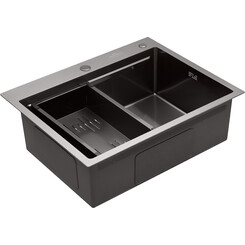 Кухонна мийка Kroner KRP Schwarze 6350HM PVD (KRPSchwarze-6350HMPVD, 63x50 см, 3.0/1.0 мм, з колландером та сифоном), Доступні розміри: 63 x 50, фото 