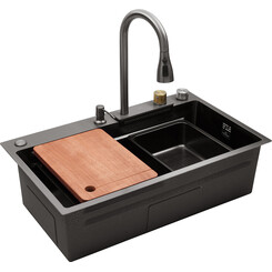 Кухонная мойка со смесителем Kroner KRP Schwarze SET7545HM PVD (SchwarzeSET7545HM, 75x45 см, 3.0/0.8 мм, с доской, коландером, дозатором и сифоном), фото 