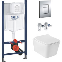 Комплект унитаз с инсталляцией 4 в 1 3884966KE523629: подвесной унитаз с сиденьем Kroner Eifel WHI523629 + инсталляция Grohe Solido 3884966Q + клавиша смыва Grohe Even 38966000, фото 