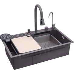 Кухонна мийка із змішувачем та краном Kroner KRP Schwarze Grey Matt Schwarze-SET7545NGPVD (75x46 см, 3.0/0.8 мм, з дошкою, двома коландероми, ополіскувачем для склянок, дозатором та сифоном), фото 