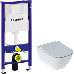 Комплект унитаз с инсталляцией 3 в 1 Geberit: подвесной унитаз с сиденьем Smyle Square Rimfree 500.683.00.2 + инсталляция DuofixBasic Delta 458.103.00.1, фото 