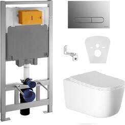 Комплект унитаз с инсталляцией 4 в 1 Volle: подвесной унитаз с сиденьем Hippo Rimless 13-44-202 + инсталляция Master 141515 + клавиша смыва хром + звукоизоляционная прокладка, фото 