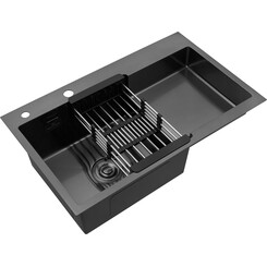 Кухонна мийка Kroner KRP Schwarze 7848LHM PVD (Schwarze-7848LHM, 78x48 см, 3.0/1.0 мм, з колландером та сифоном), Доступні розміри: 78 x 48 L, фото 
