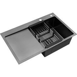 Кухонна мийка Kroner KRP Schwarze 7849RHM PVD (Schwarze-7849RHM, 78x49 см, 3.0/1.0 мм, з колландером та сифоном), Доступні розміри: 78 x 49 R, фото 