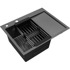 Кухонна мийка Kroner KRP Schwarze 6350LHM PVD (Schwarze-6350LHMPVD, 63x50 см, 3.0/1.0 мм, з колландером та сифоном), Доступні розміри: 63 x 50 L, фото 