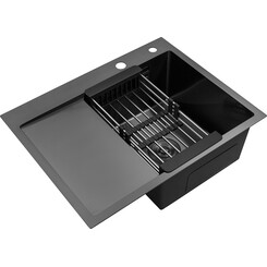 Кухонна мийка Kroner KRP Schwarze 6350RHM PVD (Schwarze-6350RHMPVD, 63x50 см, 3.0/1.0 мм, з колландером та сифоном), Доступні розміри: 63 x 50 R, фото 