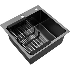Кухонна мийка Kroner KRP Schwarze 5050HM PVD (Schwarze-5050HM, 50x50 см, 3.0/1.0 мм, з колландером та сифоном), Доступні розміри: 50x50, фото 