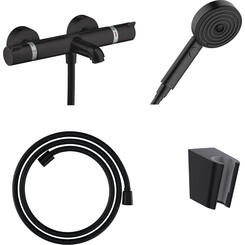 Змішувач для ванни з термостатом Hansgrohe Ecostat Comfort Black Matt 13114670U (13114670+28331670+28260670+24101670, чорний матовий, з лійкою та шлангом), фото 