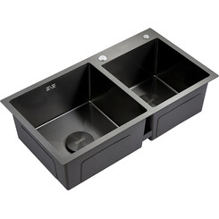 Мийка для кухні Dusel SS304 PVD Nano Black DS50878-2RNB (78x43 см, права, чорна матова, 3.0/0.8 мм, з сифоном, дозатором та коландером), Доступні розміри: 78 x 43 R, Колір виробника: чорний матовий, Тип поверхні: PVD brash, фото 