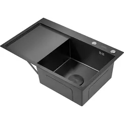 Мийка для кухні Dusel SS304 PVD Nano Black DS50963-2RNB (63x50 см, права, чорна матова, 3.0/0.8 мм, з сифоном, дозатором та колландером), Доступні розміри: 63 x 50 R, Колір виробника: чорний матовий, Тип поверхні: PVD brash, фото 
