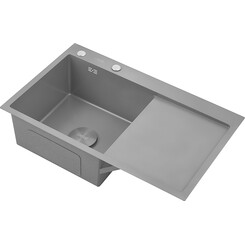 Мийка для кухні Dusel SS304 PVD Nano Grey DS50678-1LNG (78x49 см, ліва, сіра матова, 3.0/0.8 мм, з сифоном, дозатором та колландером), Доступні розміри: 78 x 49 L, Колір виробника: сірий матовий, Тип поверхні: PVD brash, фото 