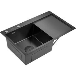 Мийка для кухні Dusel SS304 PVD Nano Black DS50778-1LNB (78x49 см, ліва, чорна матова, 3.0/0.8 мм, з сифоном, дозатором та коландером), Доступні розміри: 78 x 49 L, Колір виробника: чорний матовий, Тип поверхні: PVD brash, фото 