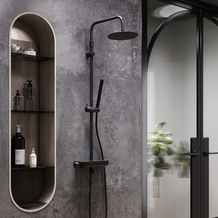 Душевая система Damixa Scandinavian Pure 936730300 (черная, с полкой и изливом), Цвет производителя: черный матовый, фото 2