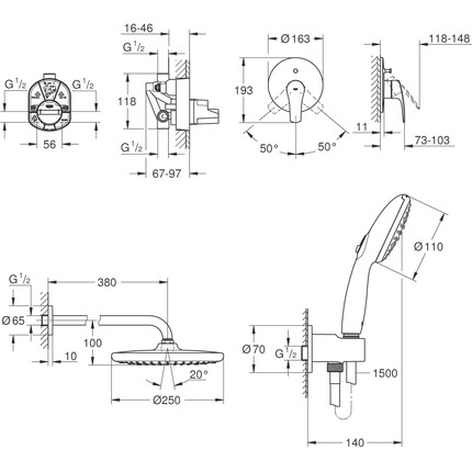 Душова система Grohe Eurosmart Tempesta 250 UA26415SC8 (194502433+33963000+264062433+266682430, прихованого монтажу), фото , изображение 15
