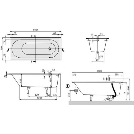 Квариловая ванна Villeroy & Boch Oberon UBQ170OBE2V-01 (170x75 см, с ножками), Доступные размеры: 170 x 75, фото 4