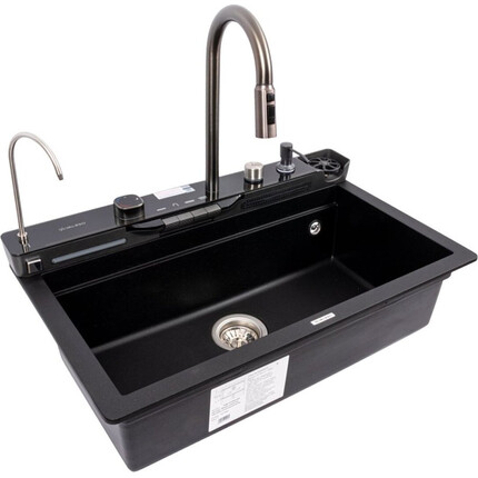 Кухонная мойка со смесителем-водопад и краном Valeso Evanora 7546 (SP000049297, 75x46 см, черный металлик, с дозатором, сифоном, ринзером и сушилкой для посуды), Цвет производителя: черный металлик, фото 2