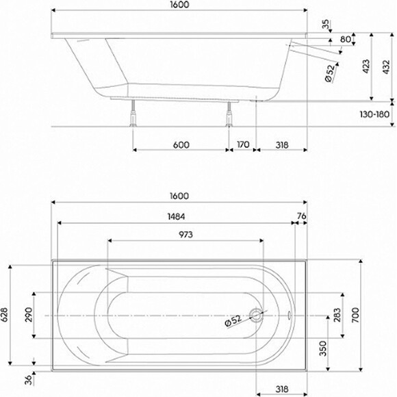 Акрилова ванна 160x70 Kolo Opal Plus XWP136000N, фото , изображение 3