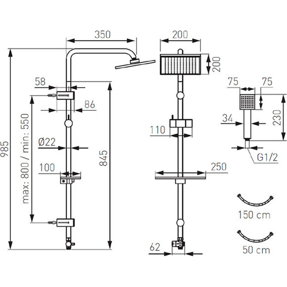 Душевая система Ferro Squerto Lux Chrome NP24 (без смесителя, с полкой), фото 2