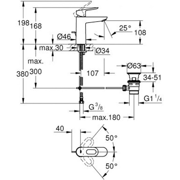 Змішувач з донним клапаном Grohe Bau Loop 23762000, фото , изображение 2