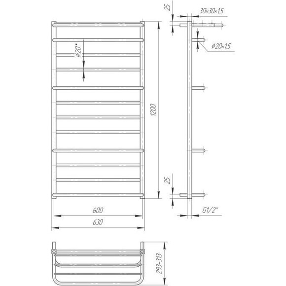 Водяной полотенцесушитель Mario Люксор 1.2.4402.03.P (4820111353309, 1200x630, хром/белый глянец/черный матовый/графит/золото, с полкой), фото 6