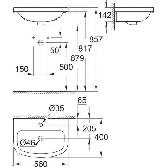 Раковина врізна на стільницю 55 см Grohe Bau Ceramic 39422000, фото , изображение 4