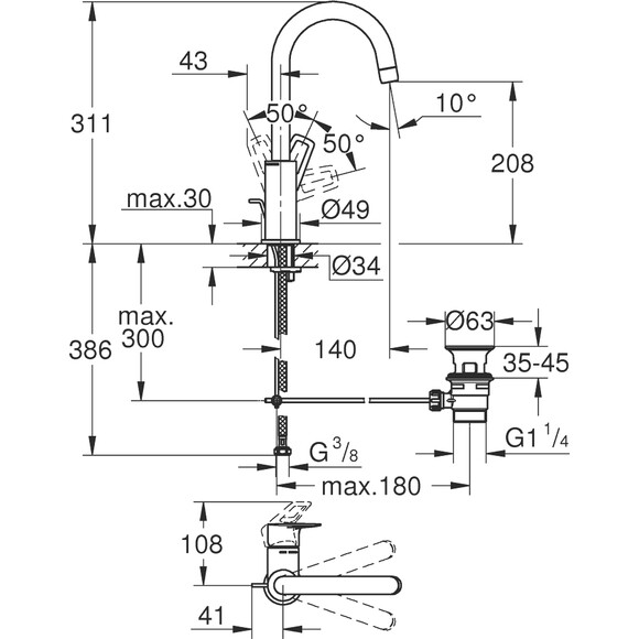 Змішувач для раковини високий Grohe BauLoop New L-Size 23763001 (з донним клапаном), фото , изображение 3