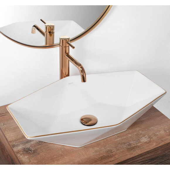 Раковина Rea Vegas White Rose Gold Edge REA-U5605 (57x37 см, біла/рожеве золото, чаша), фото , изображение 2