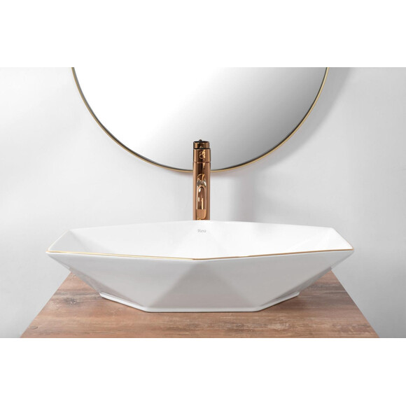 Раковина Rea Vegas White Rose Gold Edge REA-U5605 (57x37 см, біла/рожеве золото, чаша), фото , изображение 3