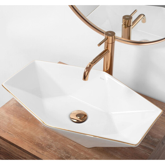 Раковина Rea Vegas White Rose Gold Edge REA-U5605 (57x37 см, біла/рожеве золото, чаша), фото , изображение 4