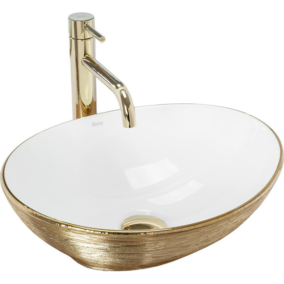 Раковина Rea Sofia Brush Gold REA-U3697 (41x34.5 см, біла/золота, чаша), Доступні розміри: 41 x 34, Колір виробника: білий глянець, золото візерунок, фото 