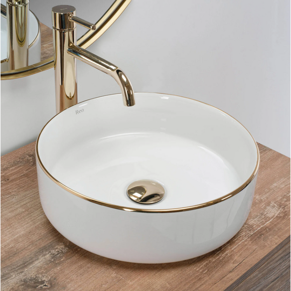 Раковина Rea Sami Gold Edge REA-U6758 (36x36 см, белая/золотая, чаша), Цвет производителя: белый глянец, золотой бортик, фото 2