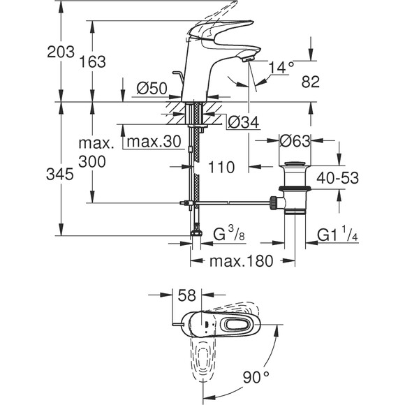 Смеситель для раковины Grohe Eurostyle S-Size 23374003 (с донным клапаном), фото 3