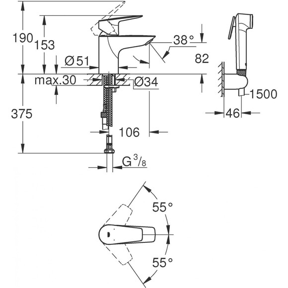 Змішувач для умивальник Grohe QuickFix StartEdge S-Size 23773001 (з гігієнічним душем), фото , изображение 7