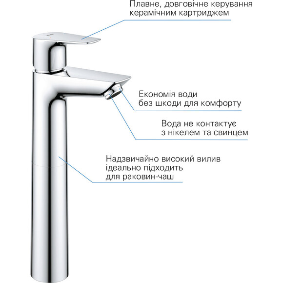 Смеситель для умывальника Grohe QuickFix StartEdge XL-Size 23777001 (высокий, с донным клапаном), фото 6