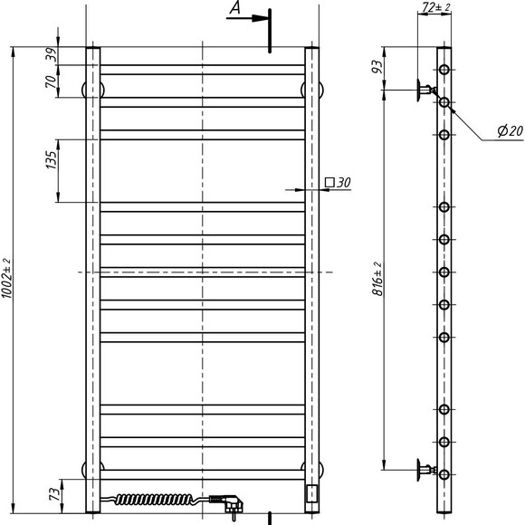Электрический полотенцесушитель Navin Классик Квадро Sensor 10-016153-5010 (500x1000, левый, сенсорный, с таймером), Доступные размеры: 500 x 1000, Цвет производителя: хром, Подключение полотенцесушителя: левое, фото 6