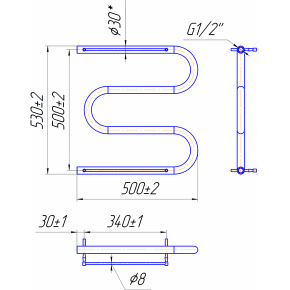 Водяной полотенцесушитель Mario Змейка ∅30 1.1.3100.05.P (4820111350582, 530x500, хром/сатин/белый глянец/черный матовый/графит/золото/бронза, с полкой), фото 5