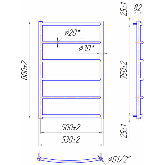 Водяной полотенцесушитель Mario Классик HP 1.3.0102.01.P (4820111351381, 800x530, хром/белый глянец/черный матовый/графит/золото/сатин/бронза), фото 7