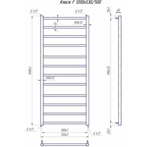 Водяной полотенцесушитель Mario Классик F 1.1.5910.01.P (4820111357086, 1200x530, хром/белый глянец/черный матовый/графит/золото/сатин/бронза), фото 7