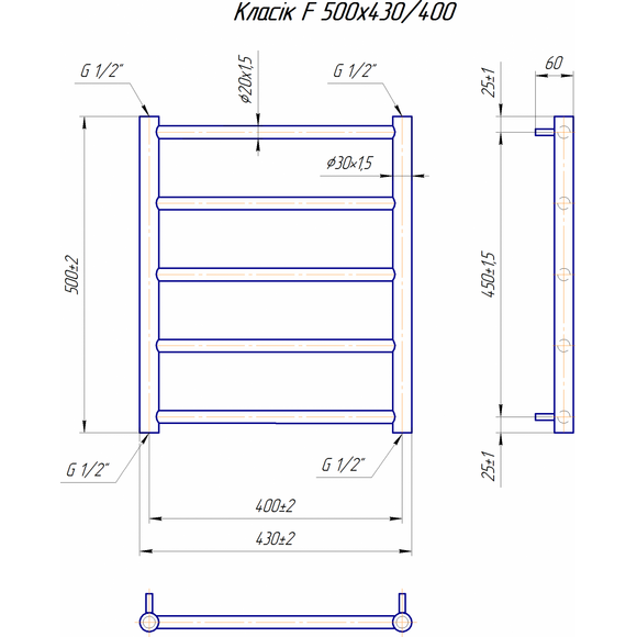 Водяной полотенцесушитель Mario Классик F 1.1.5900.01.P (4820111356980, 500x430, хром/белый глянец/черный матовый/графит/золото/сатин/бронза), фото 7