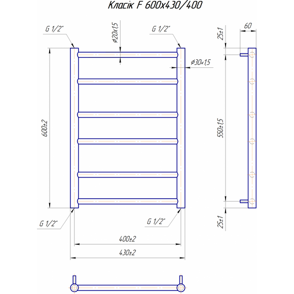Водяной полотенцесушитель Mario Классик F 1.1.5902.01.P (4820111357000, 600x430, хром/белый глянец/черный матовый/графит/золото/сатин/бронза), фото 7