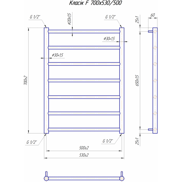 Водяной полотенцесушитель Mario Классик F 1.1.5905.01.P (4820111357031, 700x530, хром/белый глянец/черный матовый/графит/золото/сатин/бронза), фото 7