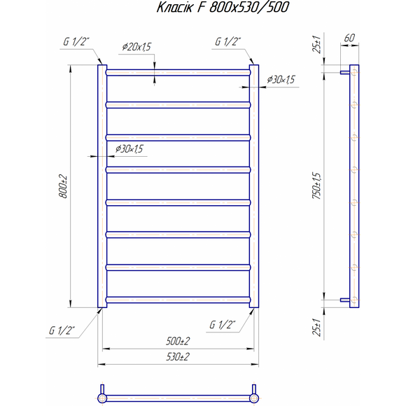 Водяной полотенцесушитель Mario Классик F 1.1.5906.01.P (4820111357048, 800x530, хром/белый глянец/черный матовый/графит/золото/сатин/бронза), фото 7