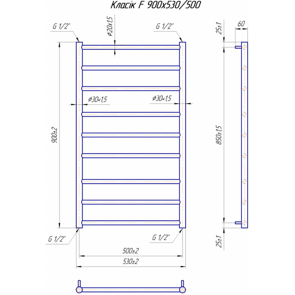 Водяной полотенцесушитель Mario Классик F 1.1.5907.01.P (4820111357055, 900x530, хром/белый глянец/черный матовый/графит/золото/сатин/бронза), фото 7