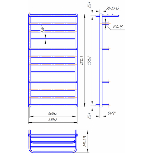 Водяной полотенцесушитель Mario Люксор 1.2.4402.03.P (4820111353309, 1200x630, хром/белый глянец/черный матовый/графит/золото, с полкой), фото 7