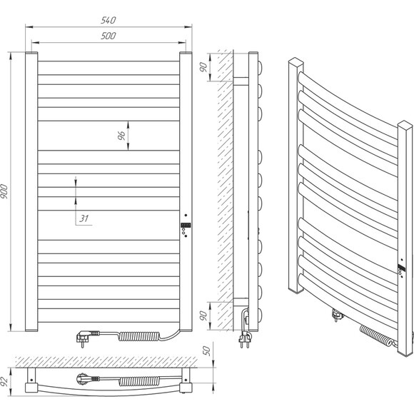 Електрична рушникосушарка Laris Зебра Атлант Преміум ЧК10 75201084 (500x900, біла матова, права), Доступні розміри: 500 x 900, Підключення рушникосушарки: праве, фото , изображение 6
