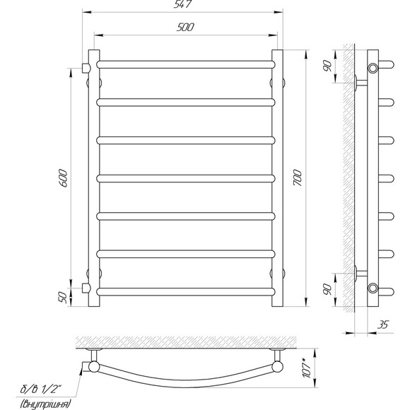 Водяной полотенцесушитель Laris Классик П7 71207594 (500x700, хром/белый/черный/золото/бронза, боковое подключение), фото 6