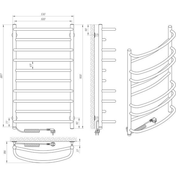 Електрична рушникосушарка Laris Євромікс П10 73207684 (500x900, хром/білий/чорний/золото/бронза, ліва, сенсорна, з таймером), Доступні розміри: 500 x 900, Підключення рушникосушарки: ліве, фото , изображение 7