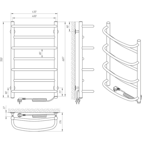 Электрический полотенцесушитель Laris Евромикс П7 73207679 (400x700, хром/белый/черный/золото/бронза, правый, сенсорный, с таймером), Доступные размеры: 400 x 700, Подключение полотенцесушителя: правое, фото 7