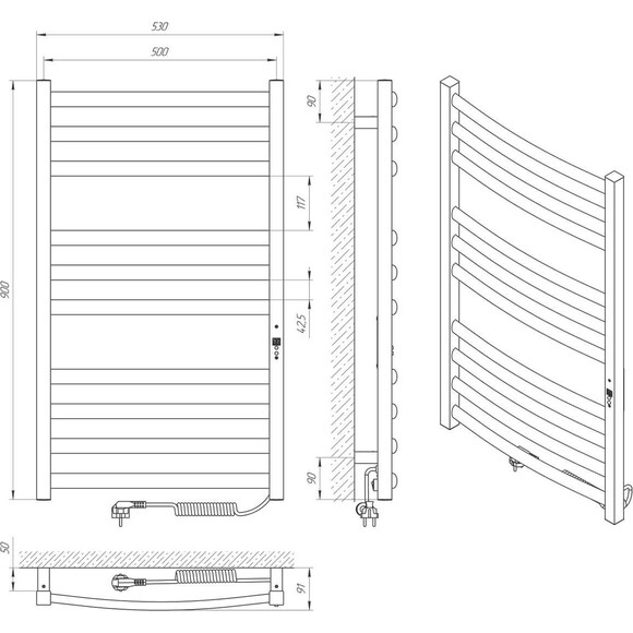Электрический полотенцесушитель Laris Гранд П10 73207365 (500x900, хром/белый/черный/золото/бронза, правый), фото 6